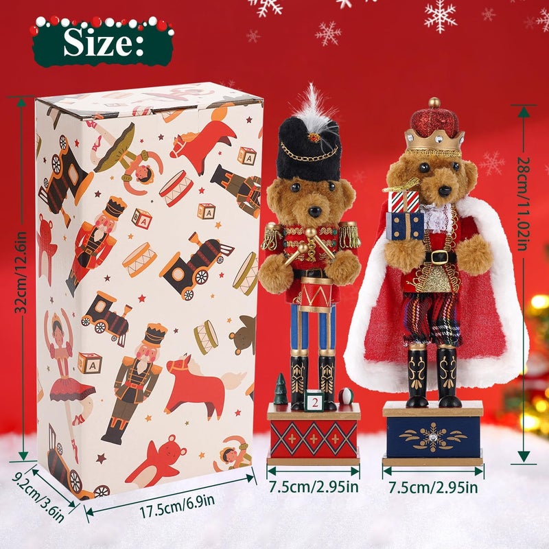 BXO Store 2 Pcs Wooden Christmas Decorations Nutcracker, 28CM/11 inch Traditional Nutcracker Figures,Festive Collectible Christmas Nutcracker Figures Party Tabletop Thanksgiving Decor (Bear Drummer & Bear King) - Image 2